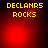 Yellow pixelated text 'DECLANRS ROCKS' on red gradient background with shifting light effects.