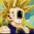 Pixelated character with spiky blonde hair and purple top, showing three sequential facial expressions in a
