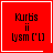 Red square icon with black pixelated text reading "Kurbs ii Lysm ('L)" and white border; two variations show a white heart or white star in bottom-right corner.
