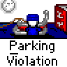Animated contact sheet of a parking violation icon featuring cartoon characters in blue and red uniforms interacting with silver cars on a gray background, showing sequential expressions from neutral to confused.