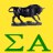 Yellow background with a dark gray bull statue above green Greek letters Sigma and Alpha.