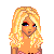 Pixel art contact sheet showing multiple views of a blonde cartoon character in pink and red outfit with text "Blondes always have more fun!" on white background.
