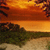 A static pixelated image depicts a sunset over water with dark silhouettes of trees on the left and right edges, a greenish landmass in the lower left, and a sandy shore in the lower right.