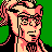 Pixelated 48x48 static icon of a character with peach skin, pink hair, black glasses, and a black outfit against green background.