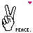 Pixelated peace sign hand with 'PEACE.' text and colored heart icons in different positions.
