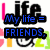 Pixelated text and symbols on a white background with pink, yellow, green, black, blue, and gray elements.