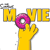 A yellow hand holds a pink donut above large yellow block letters spelling 'MOVIE' with a gray trash can icon on the left.