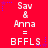 Red background with white text 'Sav & Anna = BFFLS' repeated three times in a , each instance surrounded by blue and purple star-like pixel clusters