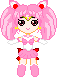 Pixel art character with pink hair and cat ears in three distinct outfits , including a sailor-style uniform and dark dress with blue cat accessory