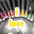 A four- displays distinct visual elements: a yellow 'i love' text over dark and colorful background, blue 'steven' text on light backdrop, an anime-style character with green '<3' symbol, and empty gray space