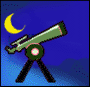 Animated sequence of a green telescope on a black tripod against a blue background with a yellow crescent moon, showing moon position changes.