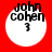Four circular white icons on red background with black text 'john cohen' and '3' in pixelated font, each icon showing slight variation in text alignment and blur.