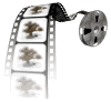 Animated film strip with repeating Chinese characters on frames, rotating reel spools, and varying frame visibility across three sequential views.