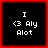 Four identical black square with red borders display white pixelated text: 'I', '<3 Aly', and 'Alot' stacked vertically
