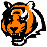 Pixelated tiger head with orange and black stripes, white facial markings, and a stylized design on a transparent background.