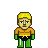 Pixel art character with yellow hair, orange top, dark blue shorts with yellow belt, green sleeves and legs against gray background.