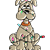 Two side-by-side animated frames of a cartoon dog mascot with an orange collar, holding colorful objects in its paws against a gray background.