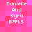 Pixelated text on a pink background with four identical sections of white text reading "Danielle And Kyra BFFLS"