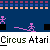 Animated sequence of purple stick figures performing circus acts against a dark blue background with repeating text and colored borders.
