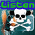 Green text 'Listento the' and 'Music' over a teal background with a skull and crossbones icon, where the crossbones shift position across frames.