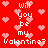 Red background with repeating light pink hearts and white text reading "Will you be my Valentine?" in pixelated font.