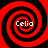 Four identical red and black spiral patterns arranged in a , each containing the word "Celia" in white text at the center