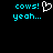 Pixelated cyan text 'cows! yeah...' appears on black background with a white heart symbol in left view, identical static text without the heart in right view.