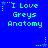 Blue background with light blue pixelated text reading "I Love Greys Anatomy" in three , each accompanied by a small star and dotted line animation element