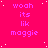 A static image with a bright pink background, white dots scattered across it, and repeated text in purple that reads 'woah its lik maggie'