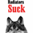 A four-quadrant image with red text and a grayscale dog face, displaying phrases like 'Suck' and 'and smell'.