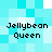 Pixelated text 'Jellybean Queen' repeated four times on a light blue and white checkered background with no visible animation changes.