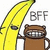 Pixelated image of a yellow banana with eyes holding a brown coffee mug, next to gray 'BFF' text and black 'Totally!' text on white background.