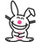A cartoon rabbit with pink accents on its nose and chest, smiling widely while holding a small object in one hand.