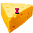 A triangular cheese wedge with pink text reading 'I', 'heart', and 'Swiss'