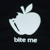 White apple icon with a bite taken out, two leaves on top, and 'bite me' text below on a black background.
