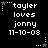 Black background with white pixelated text reading 'tayler loves jonny 11-10-08' and small white star icons at corners, some stars have dotted lines connecting to corners.