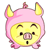 Pixelated yellow character with closed eyes, pink pig snout, and pink hooded outfit with yellow horns.