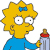 Pixelated character with yellow hair and blue dress holding a baby bottle, featuring a blue bow on the head and wide eyes.