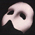 A white opera mask with black eye cutouts on a dark background, next to green text reading "Original Icons .com" on a solid green backdrop.