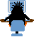 Pixelated penguin avatar in blue chair with computer monitor, transitioning from back view to side view while wearing sunglasses and red bow tie.