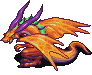 Pixelated dragon with orange body, purple horns, and green accents in three distinct poses on gray background.