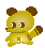 Pixelated yellow cartoon animal with brown ears and tail, standing against gray background, waving one arm.