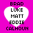 A static image with four identical heart-shaped icons on a bright pink background, each containing stacked text.