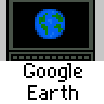 Animated contact sheet of 16 Google Earth buddy icon frames showing progressive map zooms and street-level views with pixelated graphics.