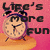Pixelated alarm clock on pink background with text fragments 'Life's more fun', 'with', and 'Kacring moments' across four