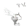 Static pixel art icon showing a gray stick figure kneeling and holding a TV, with scattered pixels above the TV indicating signal or static.