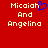 Red background with pixelated text 'Micaiah And Angelina' in light beige, blue heart symbol replacing the letter 'h' in Micaiah on left side.