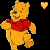Four pixelated Winnie the Pooh figures in red shirts with heart symbols, each showing distinct poses and expressions against a black background.