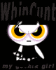 Animated cartoon character with large yellow eyes, white face and limbs, black hair, and a black dress on a black background.