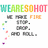 Pixelated text "WEARESOHOT" in rainbow gradient above gray blocky shapes and scattered colored squares on white background.
